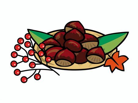 秋の味覚　栗のかご盛り 栗,盛り,カゴ,籠,笊,ザル,秋,味覚,南天,紅葉のイラスト素材