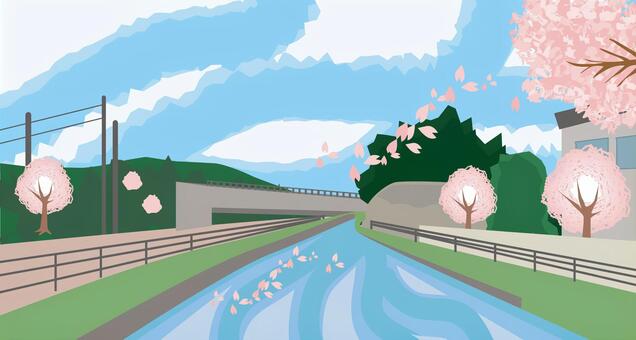 桜咲く川　 桜,咲く,春,河川,橋,水路,流れ,田舎,風景,自然のイラスト素材
