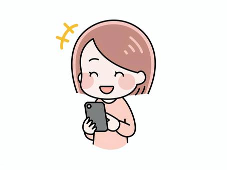 A woman operating a smiling smartphone, a smile, be pleased, laugh, JPG, PNG and AI