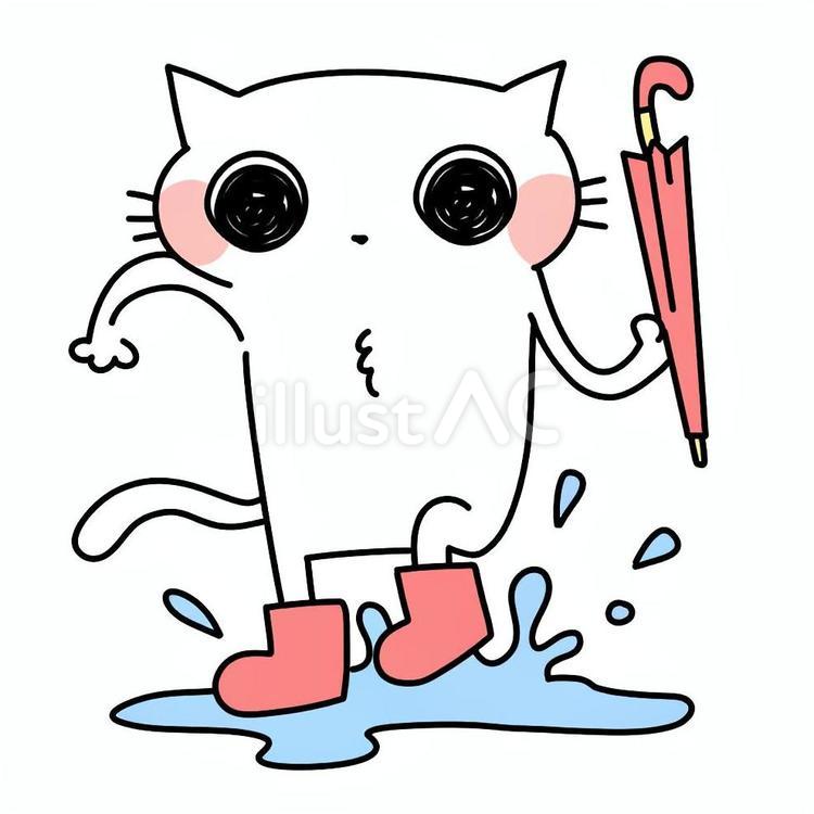 水たまりを踏んで水がはねる、雨具を持つ ねこ,動物,かわいいのイラスト素材