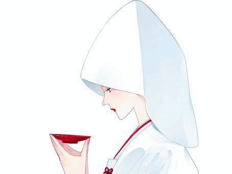 白無垢と盃 人物,女性,花嫁,新婦,白無垢,綿帽子,和装,着物,日本,結婚式のイラスト素材