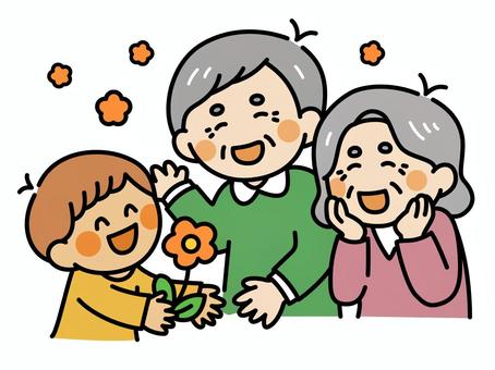 敬老の日・花を渡す子ども（カラー） 敬老の日,おじいちゃん,おばあちゃん,花,子ども,祖父母,高齢者,老人,プレゼント,秋のイラスト素材