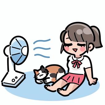 扇風機で涼む女の子と猫 夏,扇風機,人物,女の子,猫のイラスト素材