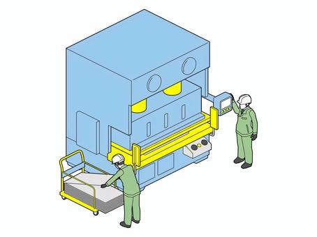 プレス機と作業員A（シンプル配色） プレス機,作業員,プレス,工員,製品,鍛圧,板金,成形,機械,設備のイラスト素材