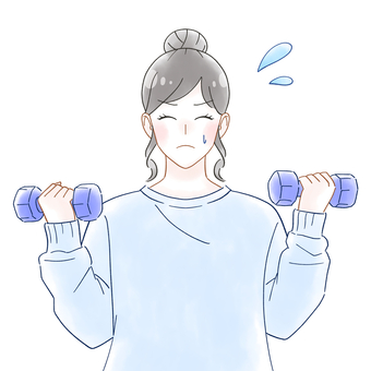 ダンベルを持つ女性　水彩風イラスト 女性,成人,女子,若い,汗,ダンベル,2個,持つ,筋トレ,鍛えるのイラスト素材