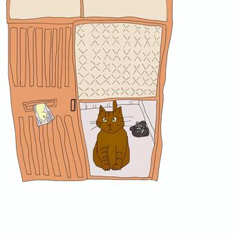 ドア越しに警戒してこちらを見る猫 猫,昭和レトロ,玄関,ペット,日本,日常,警戒,手描き,引き戸のイラスト素材
