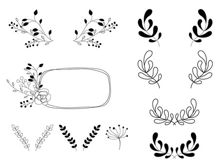 モノクロボタニカル飾り 植物,ボタニカル,フレーム,葉っぱ,草花,飾り罫,罫線,モノクロ,白黒,線画のイラスト素材