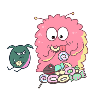 お菓子を食べるモンスター モンスター,お菓子,スイーツ,食べる,かわいい,ファンタジー,キャラクター,ポップ,子ども向けのイラスト素材