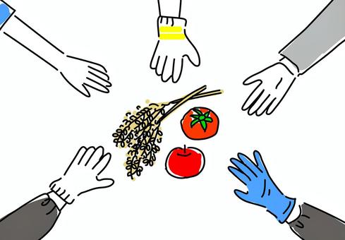 協力しあう農業関係者の手 農業,協力,農家,生産者,スクラム,手,人々,チームワーク,共同作業,パートナーシップのイラスト素材