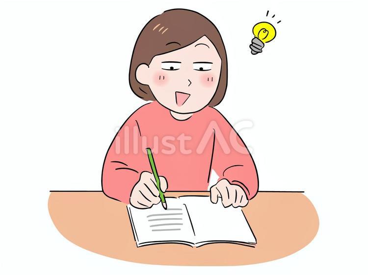 笑顔でノートを書く私服の女性 女性,勉強,笑顔のイラスト素材