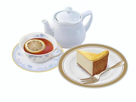 レアチーズケーキとレモンティー（2） ベイクドチーズケーキ,ケーキ,レモンティー,紅茶,カフェ,手書き風,家庭料理,洋食,料理,洋菓子のイラスト素材