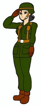 女性　兵隊　イラスト 女性,兵隊,敬礼,緑色,軍服,ヘルメット,茶色,手袋,くつ,背景のイラスト素材