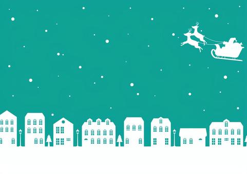 サンタクロースと北欧風の街の背景素材 クリスマス,冬,サンタクロース,トナカイ,そり,雪,街,木,家,街灯のイラスト素材