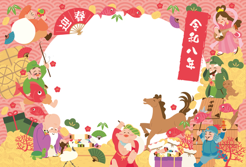 2025七福神船フレーム② 年賀状,令和8年,2026年,馬,午,神様,七福神,恵比寿,毘沙門天,鶴のイラスト素材