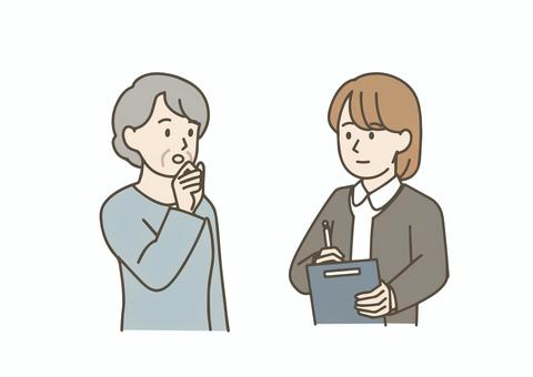 高齢女性から話を聞く看護師 従事者,看護師,ナース,人物,女性,セット,ポーズ,問診表,カルテ,聞き取りのイラスト素材
