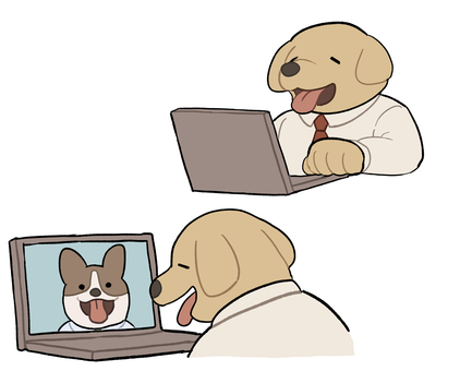 リモートいぬ 犬,動物,サラリーマン,ゴールデンレトリバー,リモート,ノートpc,ネクタイ,シャツ,打ち合わせのイラスト素材
