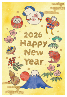 手書き風の年賀状テンプレート 2026,午年,お正月,午,干支,馬,松,竹,梅,奴凧のイラスト素材