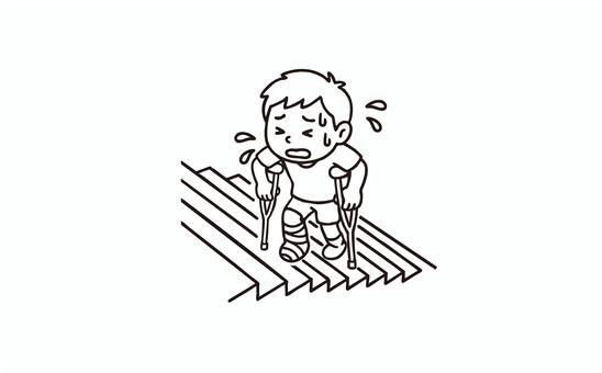 松葉杖で階段を上がるる少年 人物,男の子,骨折,松葉杖,階段,少年,イラスト,大変,汗,苦労のイラスト素材
