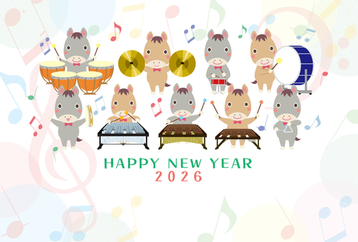 2026午年賀状123馬の打楽器八重奏 パーカッション,年賀,午,2026,打楽器,イラスト,テンプレート,打楽器八重奏,音楽,午年のイラスト素材