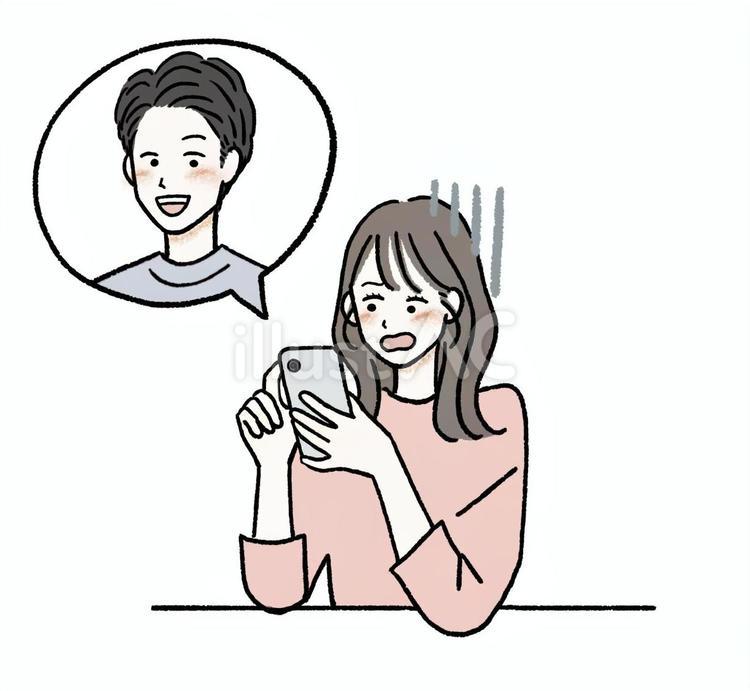 男性から連絡がきて嫌な顔の女性 マッチングアプリ,カップル,スマホのイラスト素材