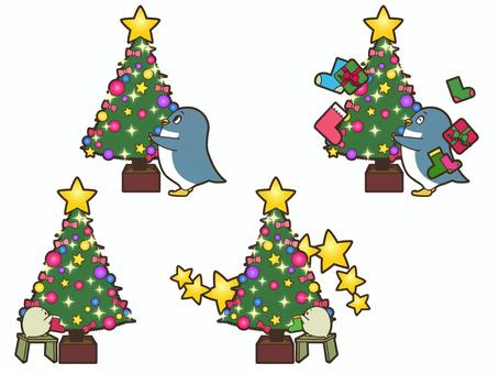 クリスマスツリーとペンギン ペンギン,かわいい,イラスト,南極,子供向け,可愛い,動物,癒し,ほっこり,ゆるかわのイラスト素材