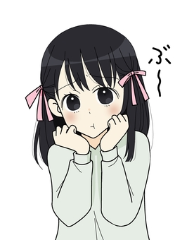 むくれてる女の子 人物,むくれる,不機嫌,ぶりっ子,ふくれっ面,不満気,文字,平仮名,リボン,黒髪のイラスト素材