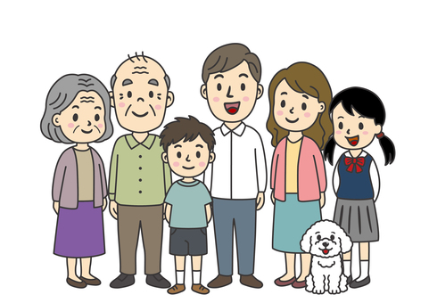 6人家族-2-3世帯・犬 老夫婦,老人,高齢者,おじいちゃん,おばあちゃん,祖父母,祖父,祖母,年寄り,お年寄りのイラスト素材