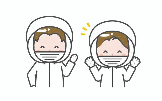 ミニ_2人_衛生服の男女02 男性,女性,大人,職業,仕事,衛生服,防護服,清掃員,工場,病院のイラスト素材