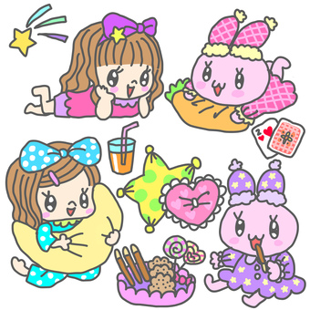 乙女のパジャマパーティセット パジャマパーティ,パジャマ,お泊まり会,夜更かし,寝巻き,女子会,星,月,夜,ナイトパーティのイラスト素材