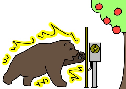 りんごと電気柵で感電する熊　カラー りんご,電気柵,害獣,クマ,ビックリ,感電,カラーのイラスト素材