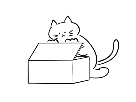 箱の中を覗く猫（モノクロ） 猫,箱,開封,期待,好奇心,発見,確認,サプライズ,プレゼント,贈り物のイラスト素材