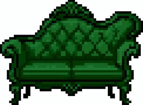 ドット絵の緑のアンティークソファです。 ドット絵,アンティーク,ソファ,シンプル,クラシック,レトロ,ヴィンテージ,チェスターフィールド,エレガント,クッションのイラスト素材
