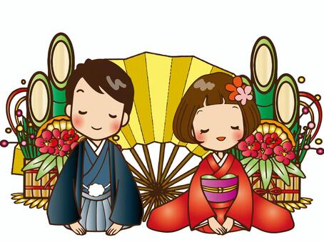 新年のご挨拶　ペア2 お正月,笑顔,ご挨拶,新年,めでたい,飾り,梅,竹,縁起物,あけましておめでとうのイラスト素材