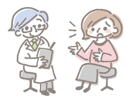 男性医師に話す女性患者 医師,医者,男性,患者,女性,白衣,話す,症状,説明,訴えるのイラスト素材