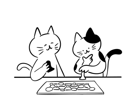 ボードゲームを楽しむ猫（モノクロ） 猫,ボードゲーム,ボドゲ,テーブルゲーム,ゲーム,趣味,遊び,パーティー,対戦,戦略のイラスト素材