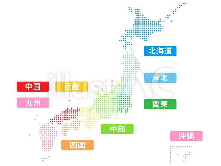 日本地図のドットカラフルフリーイラスト 地図,日本,日本地図のイラスト素材