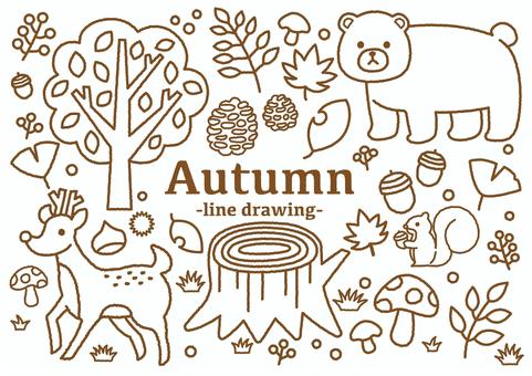 秋の線画 秋,線画,葉っぱ,紅葉,イチョウ,木,どんぐり,松ぼっくり,きのこ,草のイラスト素材