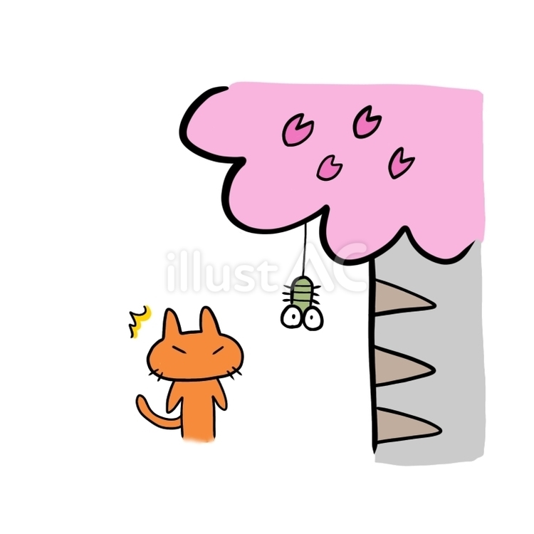 ネコと桜と毛虫 ネコ,桜,毛虫のイラスト素材