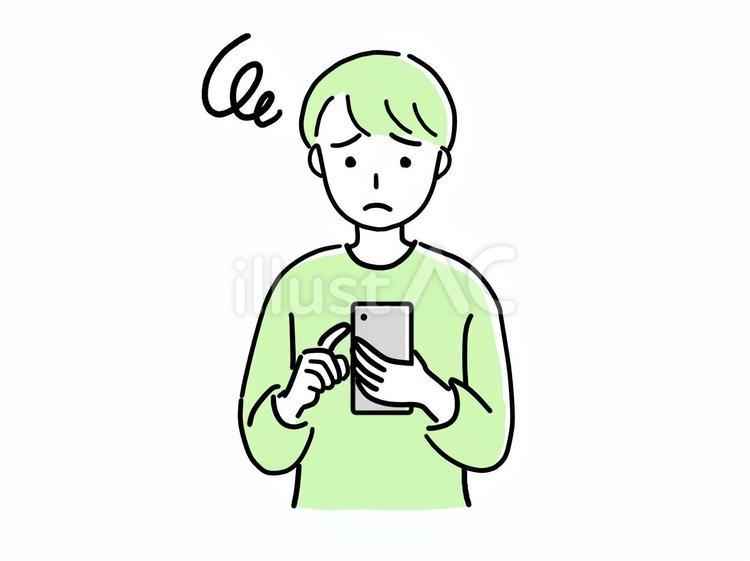 困り顔でスマホを操作する若い男性 スマホ,トラブル,男性のイラスト素材