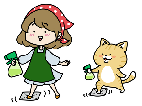 ズボラ掃除　足で床拭きをする女性と猫 女性,ねこ,お掃除,掃除,大掃除,清掃,片付け,掃除道具,家事,お手伝いのイラスト素材