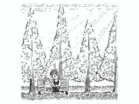 銀杏並木のベンチに座る母子、白黒 銀杏,並木,親子,母子,お母さん,子ども,男の子,ベンチ,座る,話すのイラスト素材