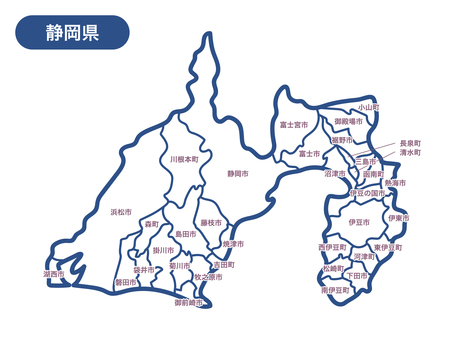 静岡県の地図の線画（市町村名つき） 地図,静岡県,東海,富士市,沼津市,御殿場市,富士宮市,裾野市,長泉町,小山町のイラスト素材