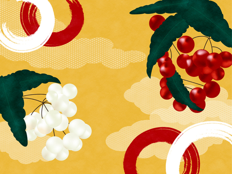 冬の背景素材5お祝いにも使える千両の実 冬,千両の実,縁起物,正月,紅白,麻ノ葉文様,青海波模様,和,木,自然のイラスト素材