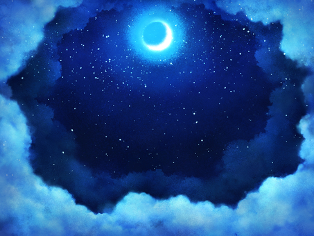 三日月と雲のベール【2】空の綴り 三日月,幻想的,イラスト,背景素材,夜,神秘的,ミステリアス,青,web素材,水色のイラスト素材