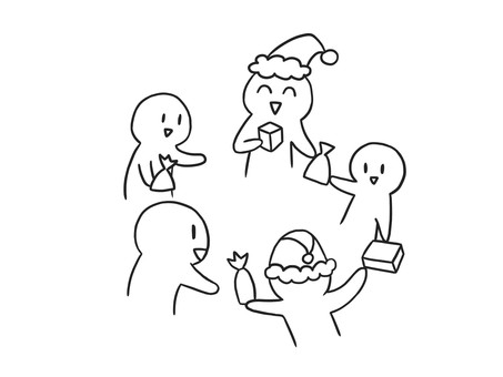 プレゼント交換会（モノクロ） クリスマス,冬,プレゼント交換,交換,プレゼント,棒人間,笑顔,ゆるい,手描き,シンプルのイラスト素材