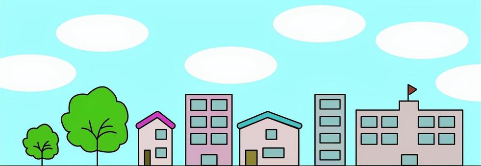 町デフォルメ  町,建物,民家,ビル,生活,風景,空,シンプル,かわいい,デフォルメのイラスト素材
