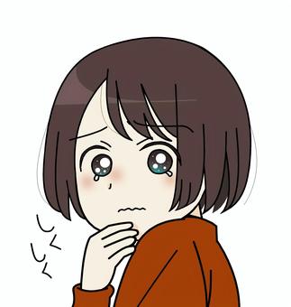 涙ぐむ女性 人物,悲しい,涙,文字,平仮名,涙目,ウルウル,泣く,振り向く,茶髪のイラスト素材