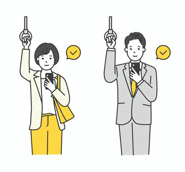 電車でつり革につかまるビジネスパーソン つり革,電車,スマートフォン,人物,ビジネスマン,ビジネスウーマン,ビジネスパーソン,会社員,通勤,車内のイラスト素材