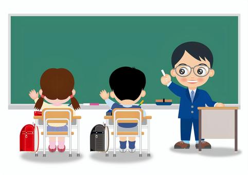 授業を受ける子どもたち3 人物,子ども,小学校,男の子,女の子,元気,机,ランドセル,学校プリント,黒板のイラスト素材