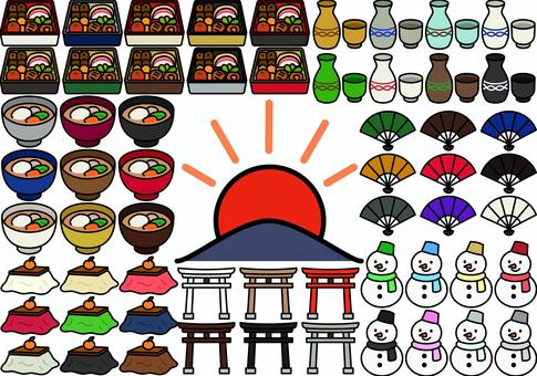 お正月のアイテムです。 お正月,シンプル,こたつ,初日の出,鳥居,雪だるま,扇子,とっくり,お雑煮,おせちのイラスト素材